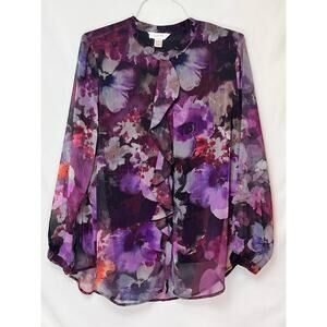 Christopher & Banks Women's Size 1X Purple Floral Print Long Sheer Sleeve Blouse
